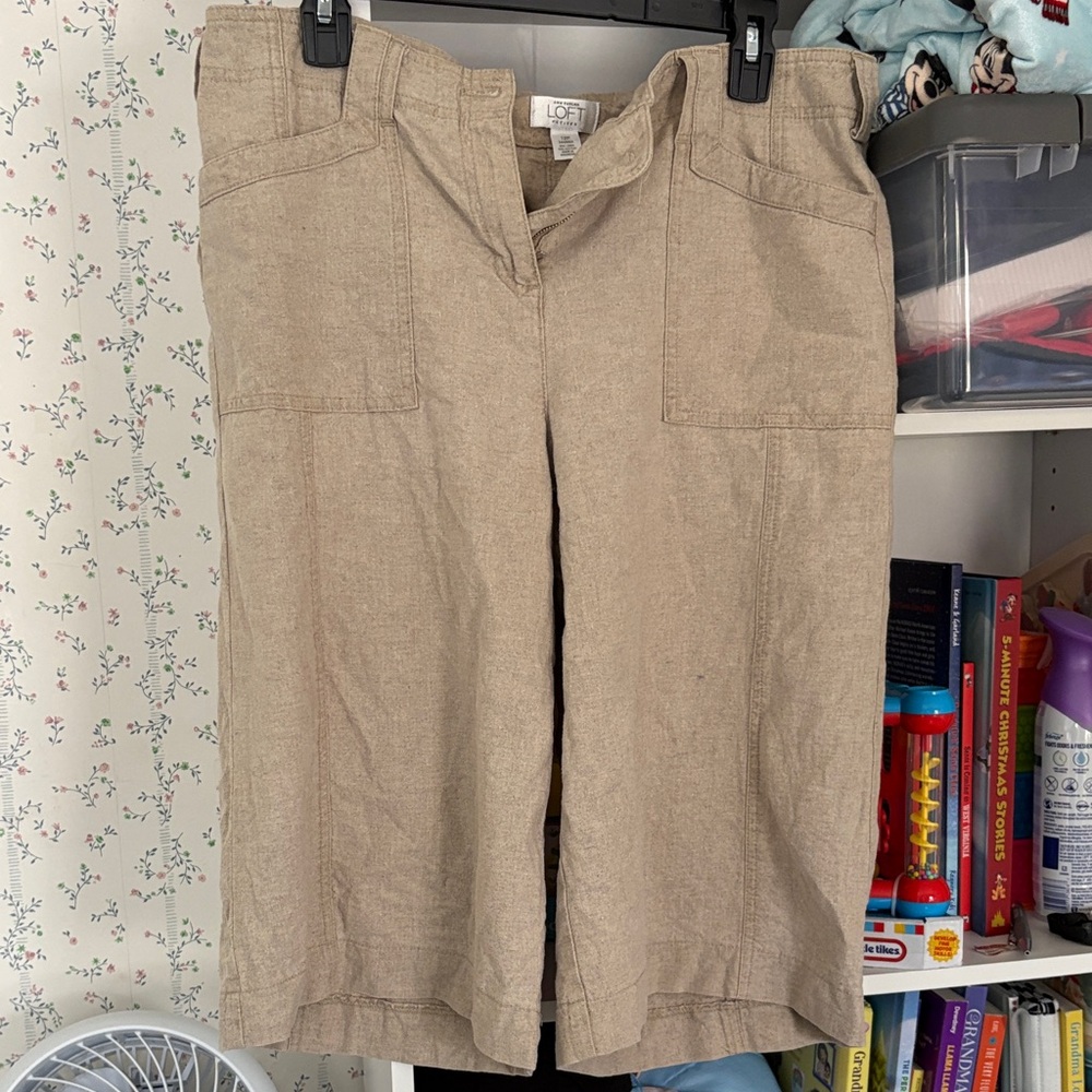 LOFT Tan Linen-Blend Bermuda Shorts with Patch Pockets